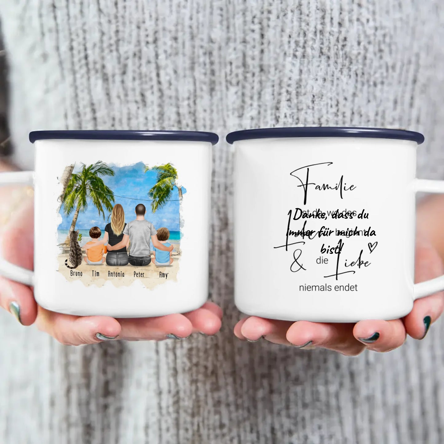 Personalisierte Tasse mit Familie + 1 Katze (2 Babys)