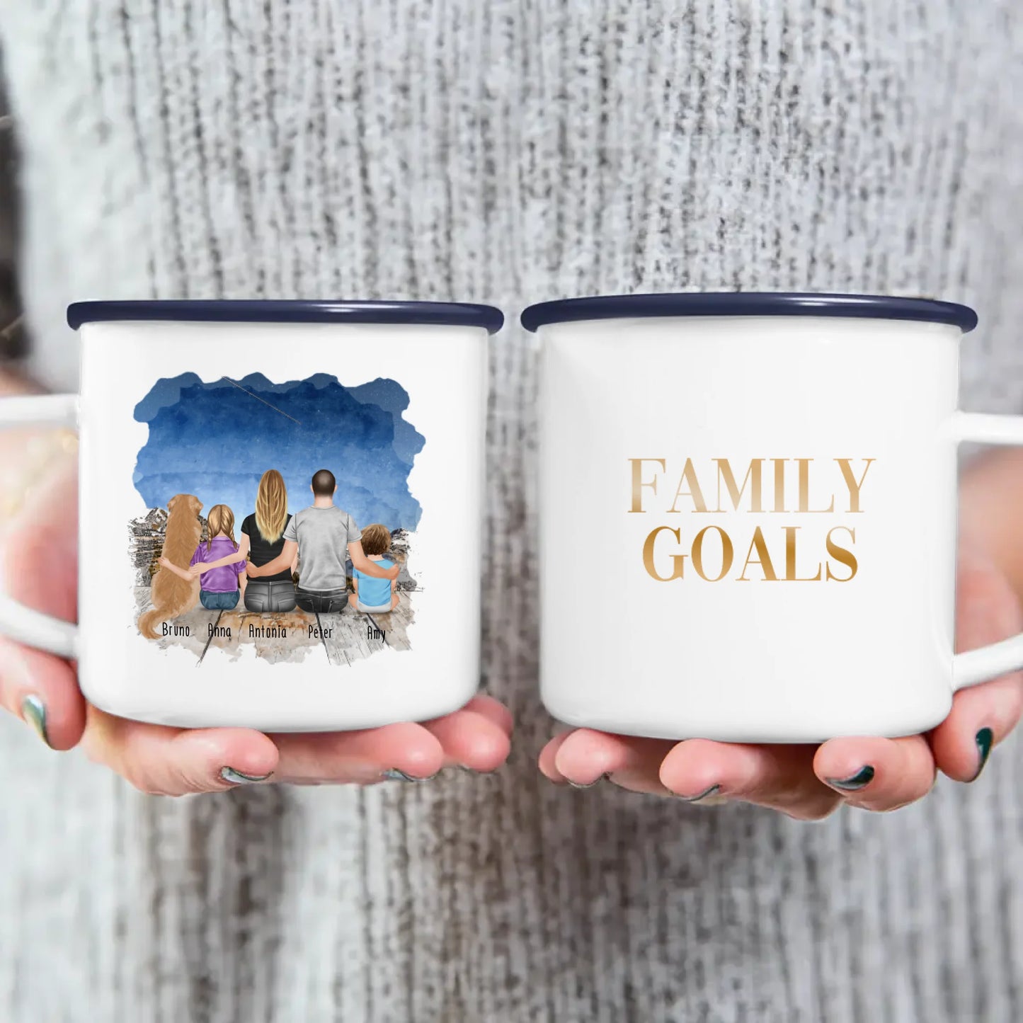 Personalisierte Tasse mit Familie + 1 Hund (1 Baby + 1 Kind)