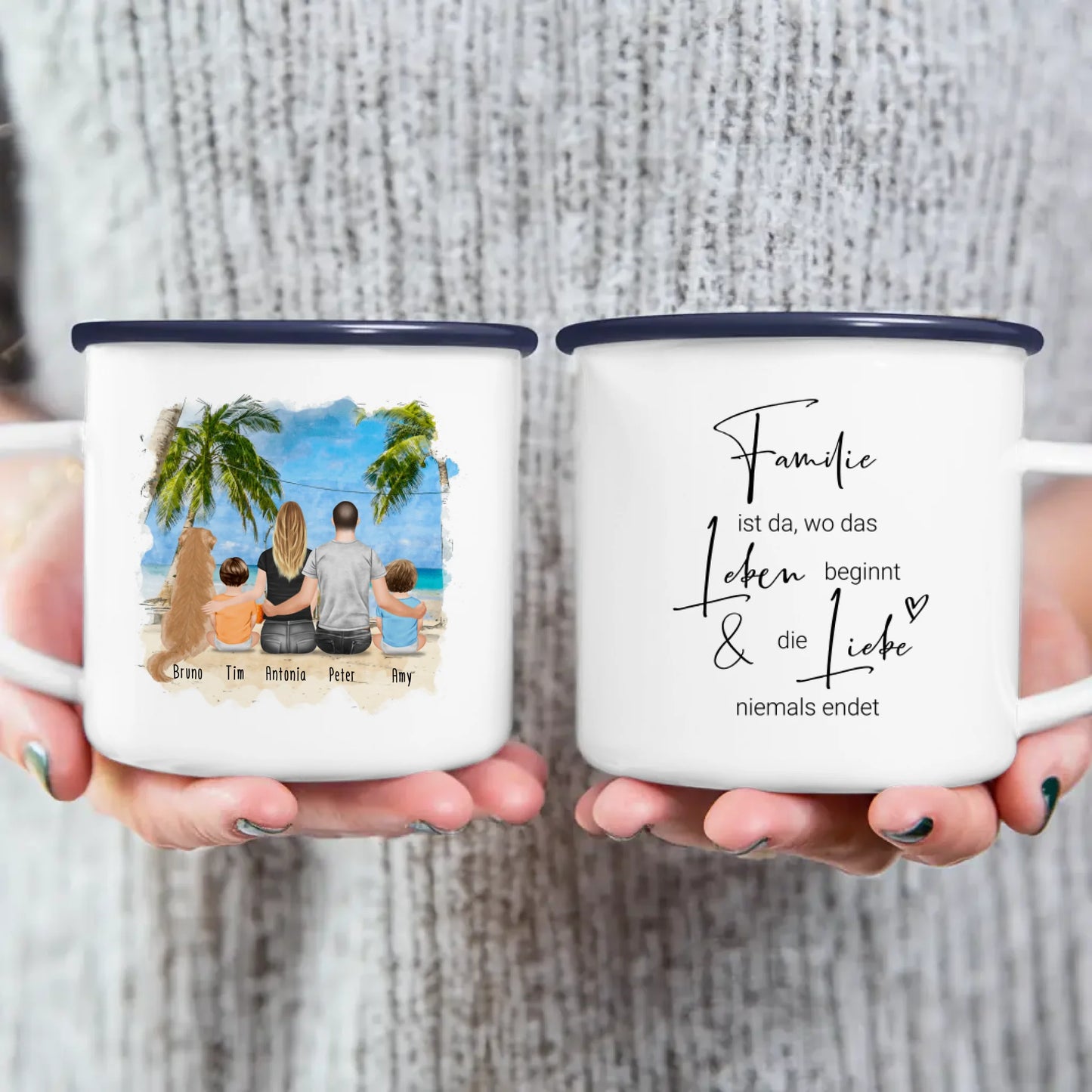 Personalisierte Tasse mit Familie + 1 Hund (2 Babys)