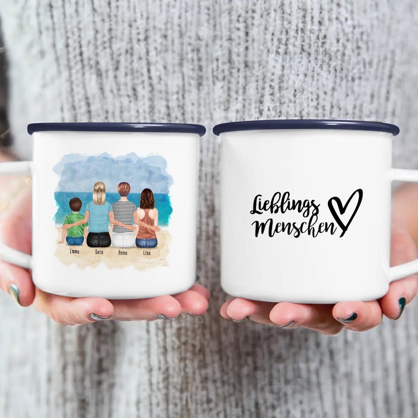 Personalisierte Tasse mit 2 Frauen + 1 Kind + 1 Teenagerin