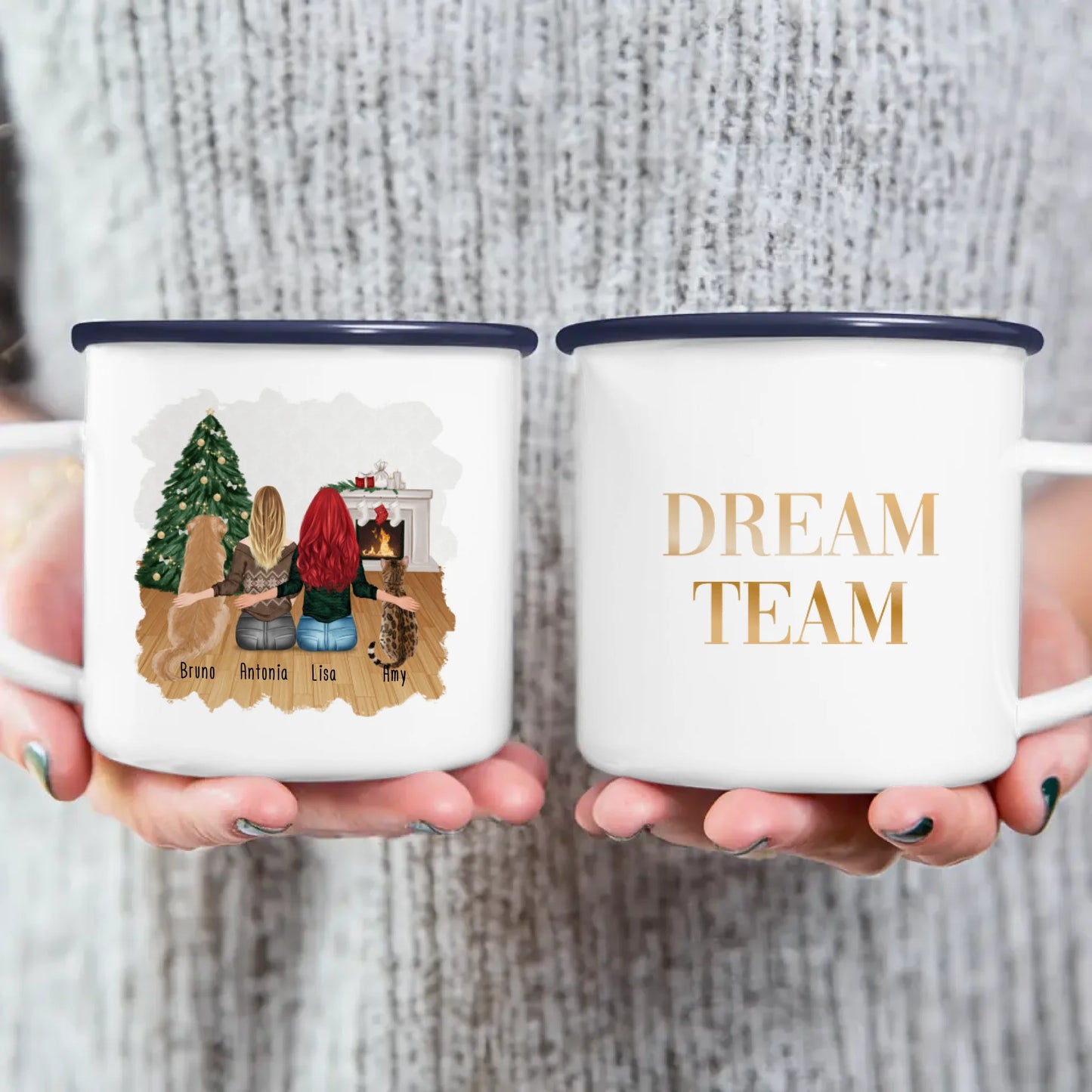 Personalisierte Tasse mit Hund, Katze und Frauen (1 Hund + 1 Katze + 2 Frauen) - Weihnachtstasse