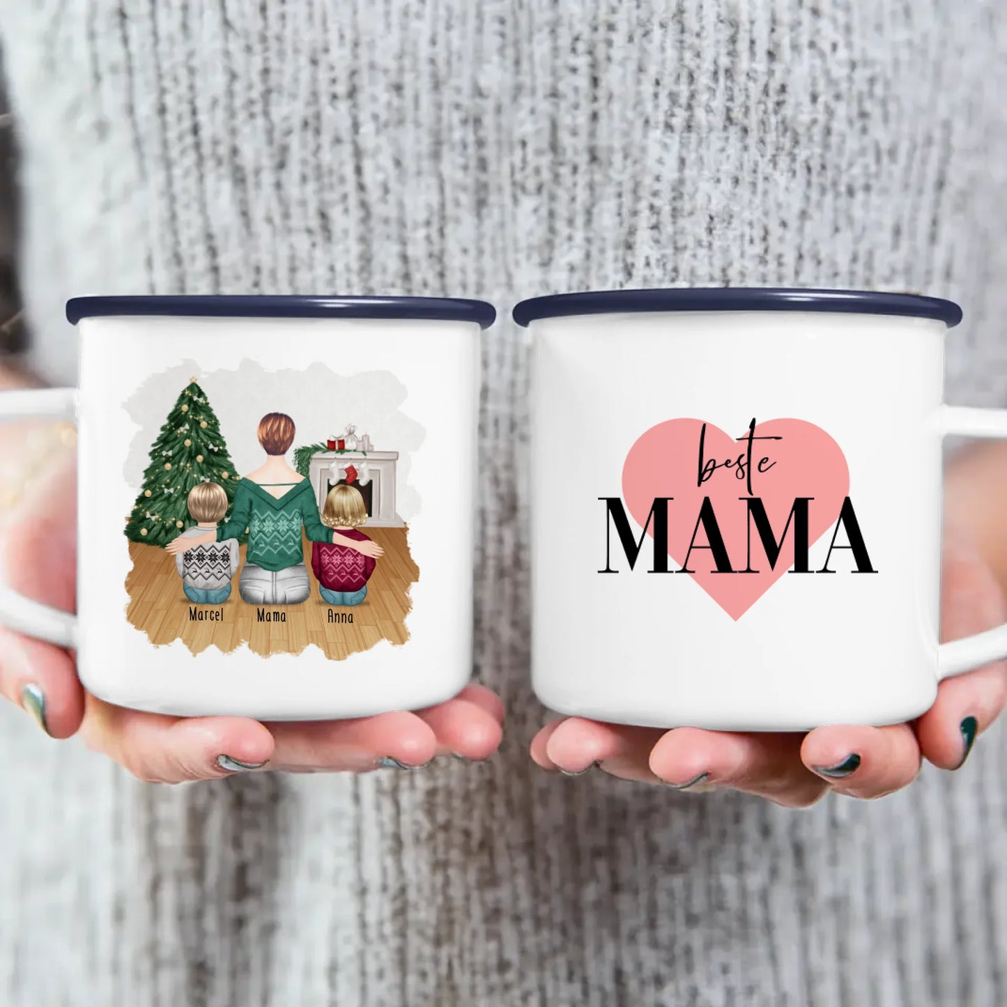 Personalisierte Tasse mit Mutter und Kindern (2 Kinder + 1 Mutter) - Weihnachtstasse