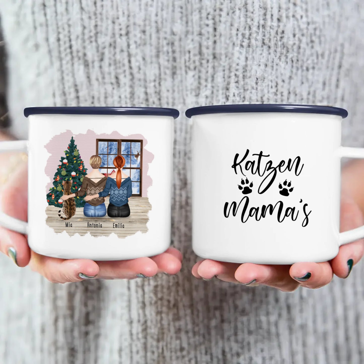 Personalisierte Tasse mit Katze und Frauen (1 Katze + 2 Frauen) - Weihnachtstasse