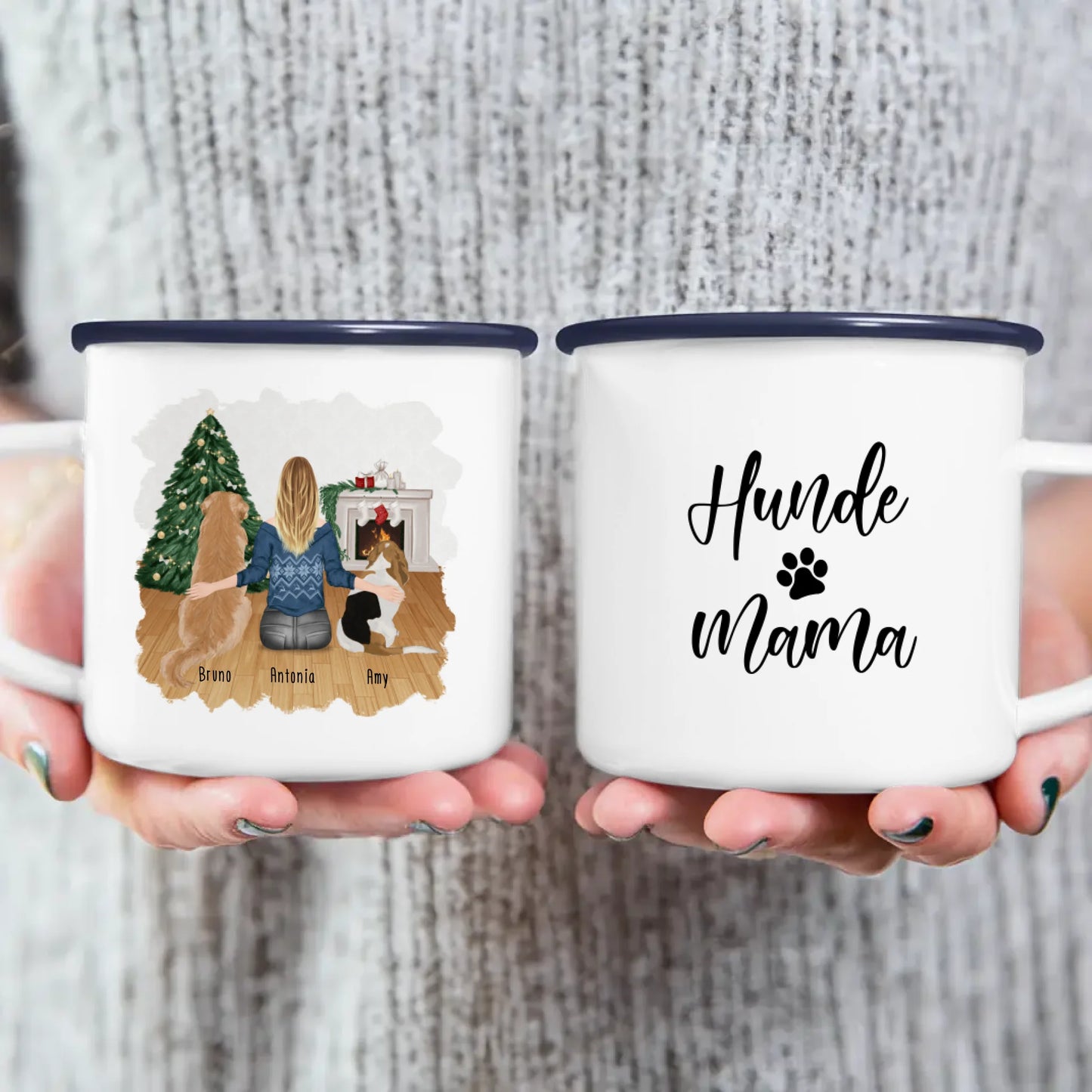 Personalisierte Tasse mit Hund und Frau (2 Hunde + 1 Frau) - Weihnachtstasse