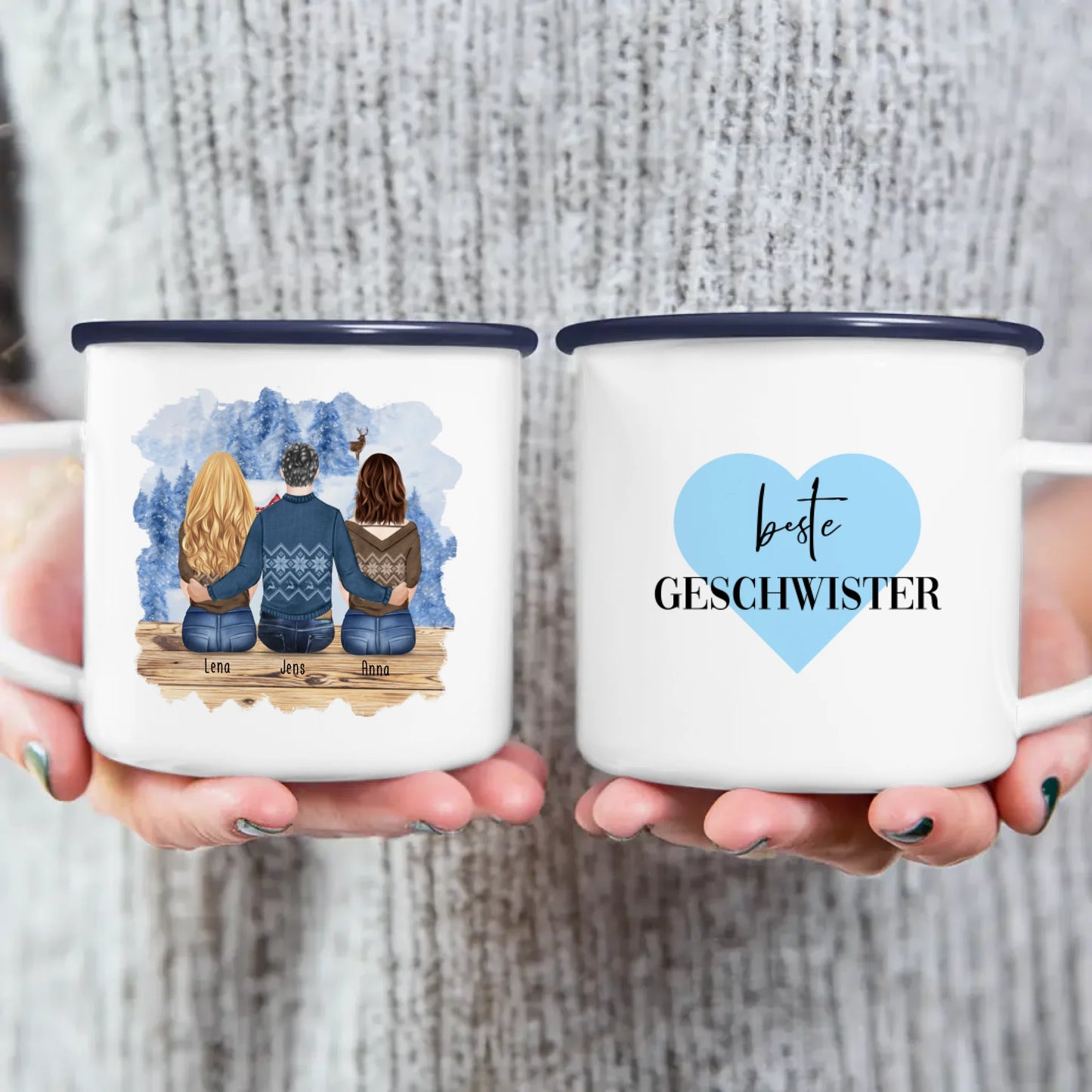 Personalisierte Tasse mit Bruder/Schwester (2 Schwester + 1 Bruder) - Weihnachtstasse