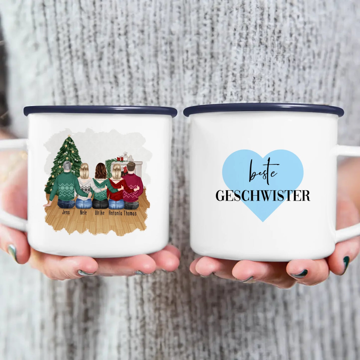 Personalisierte Tasse mit Bruder/Schwester (3 Schwestern + 2 Brüder) - Weihnachtstasse