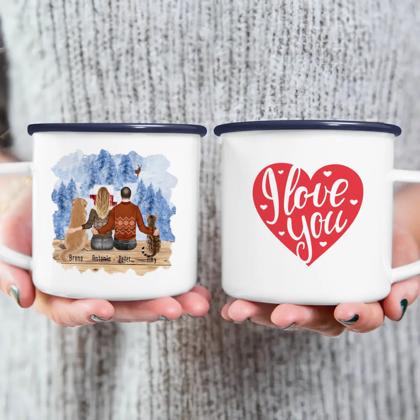 Personalisierte Tasse mit Pärchen und 1 Hund und 1 Katze - Weihnachtstasse