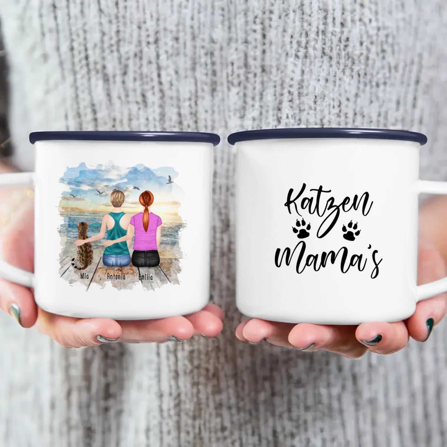 Personalisierte Tasse mit Katze und Frauen (1 Katze + 2 Frauen)