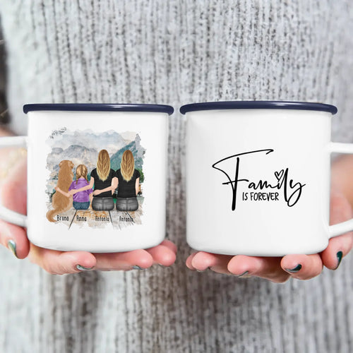 Personalisierte Tasse mit 2 Frauen + 1 Kind + 1 Hund