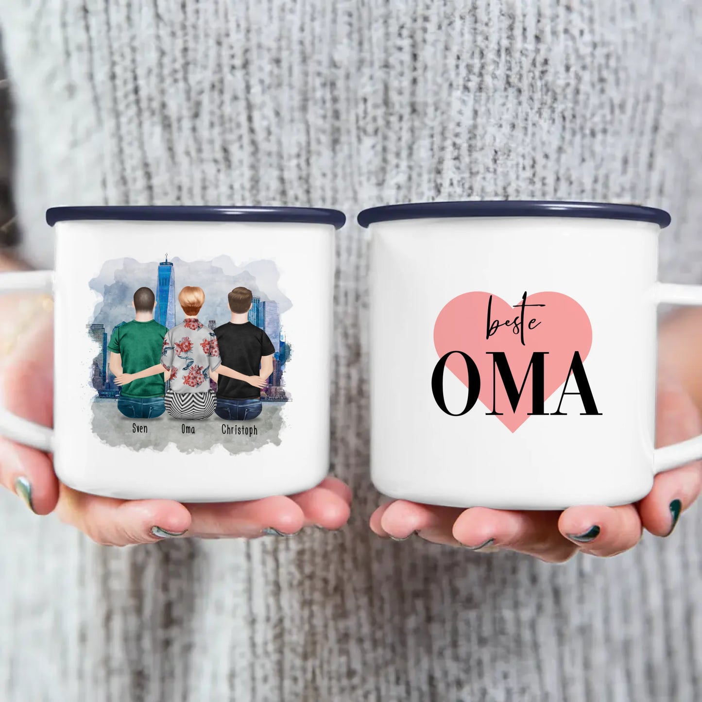 Personalisierte Tasse für Oma (2 Männer + 1 Oma)