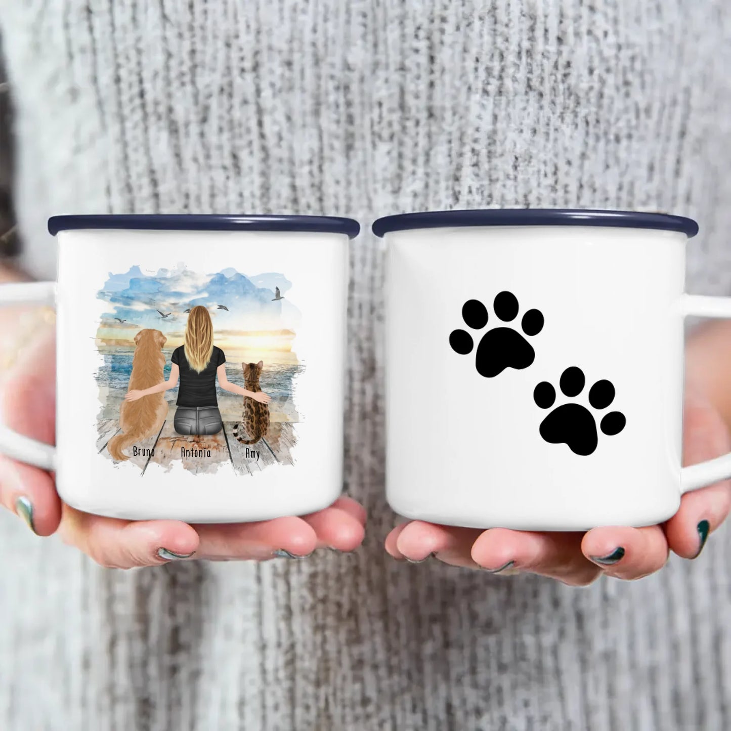 Personalisierte Tasse mit Hund/Katze/Frau (1 Hunde + 1 Katze + 1 Frau)