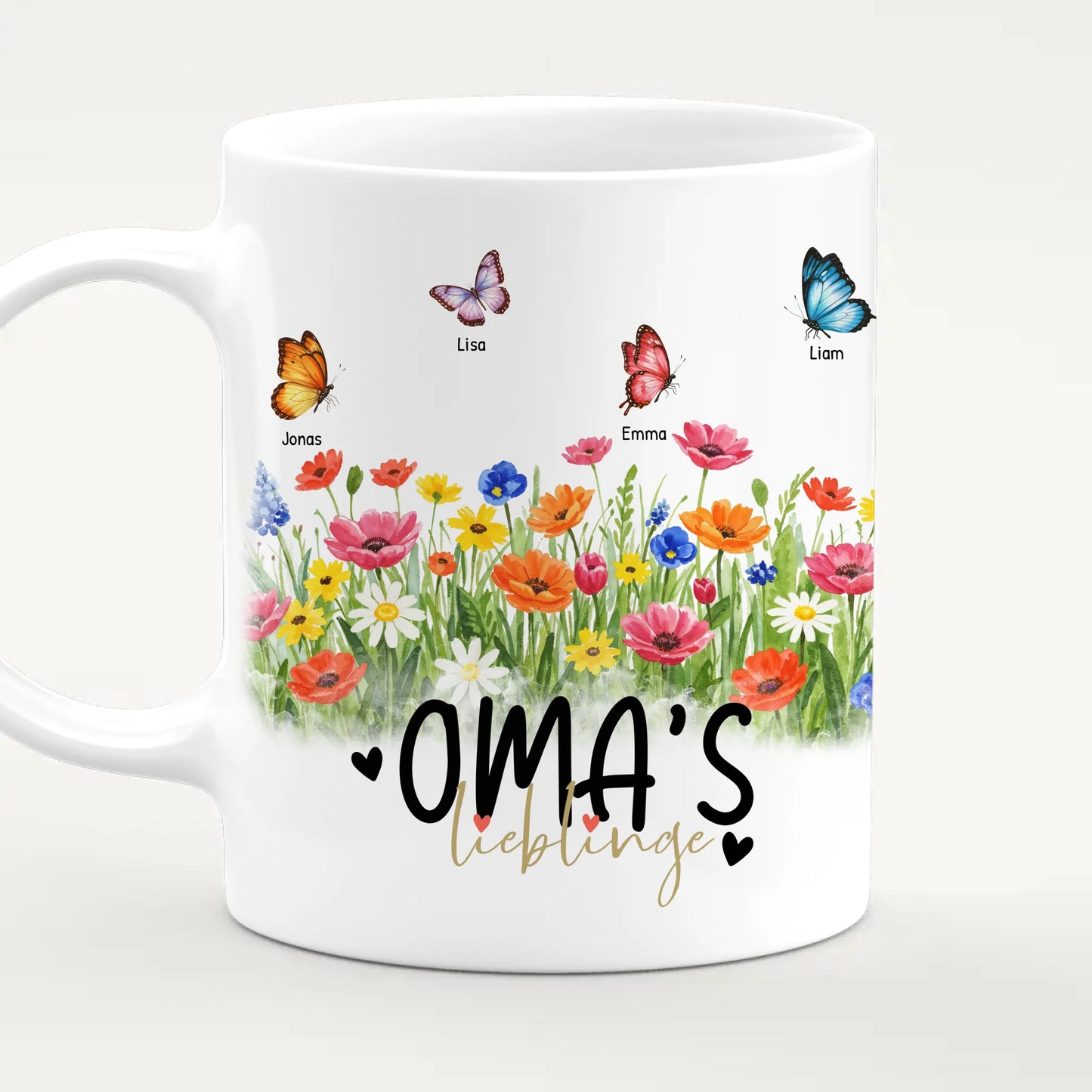 Personalisierte Tasse  - Oma's Garten mit 1-10 Schmetterlingen
