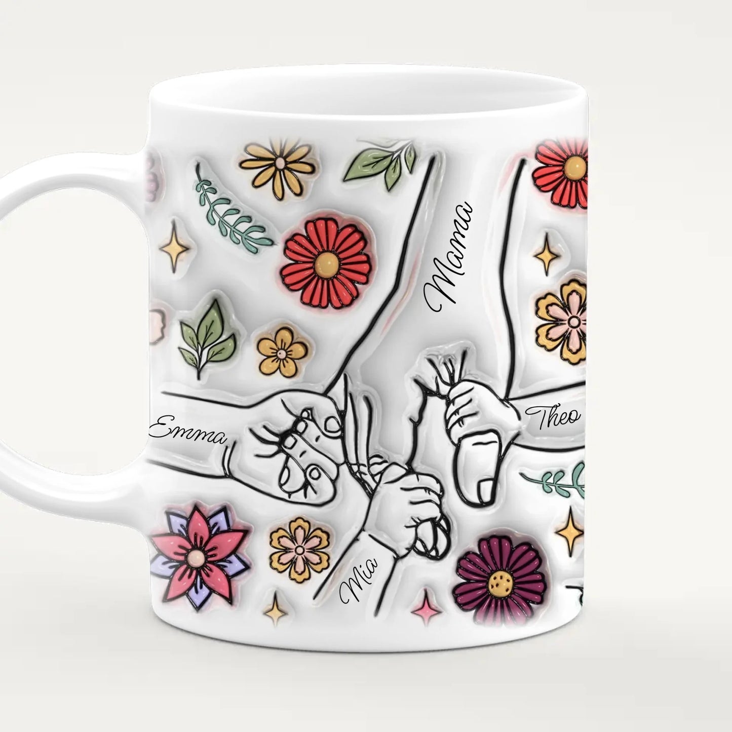 Personalisierte Tasse - Mama-Hand mit 1-6 Kinder-Händen im 3D Look