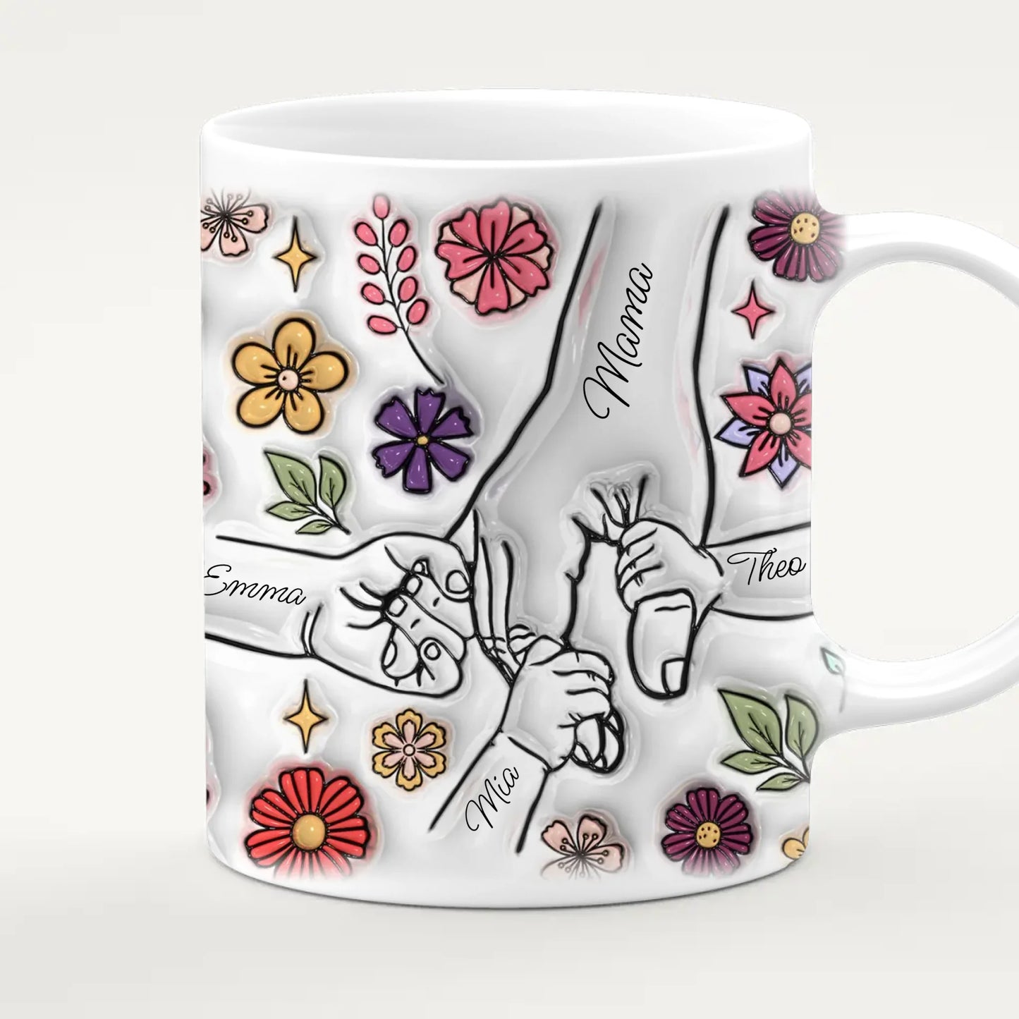 Personalisierte Tasse - Mama-Hand mit 1-6 Kinder-Händen im 3D Look