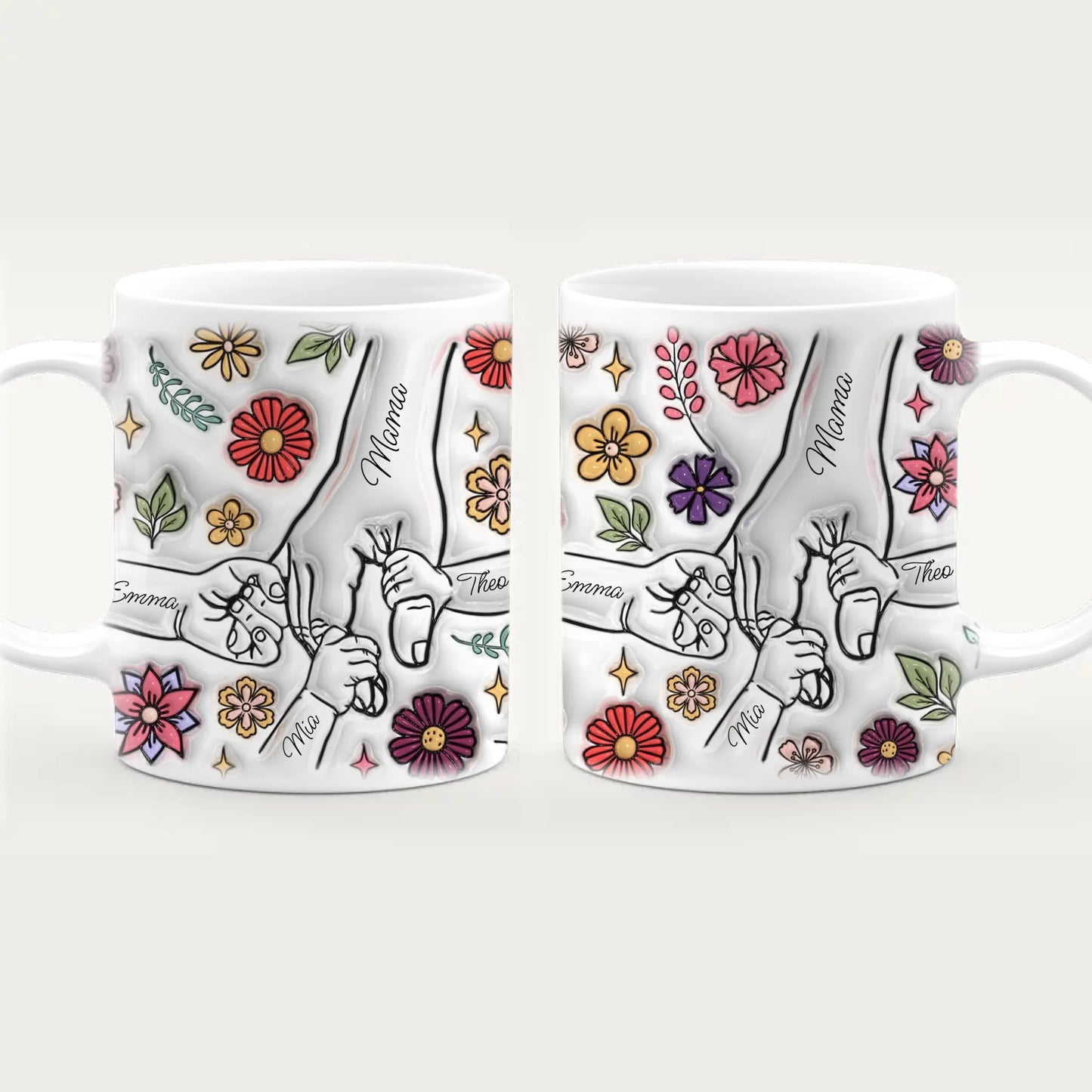 Personalisierte Tasse - Mama-Hand mit 1-6 Kinder-Händen im 3D Look