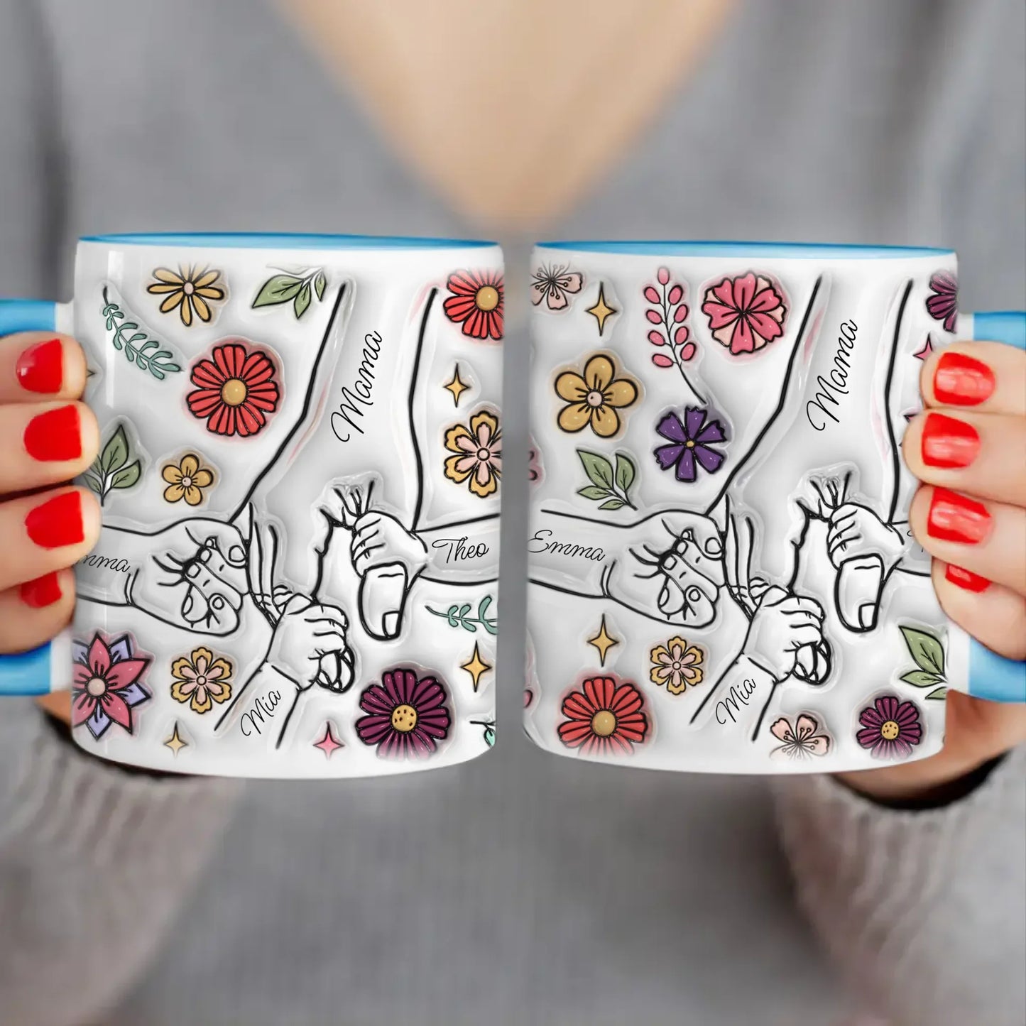 Personalisierte Tasse - Mama-Hand mit 1-6 Kinder-Händen im 3D Look