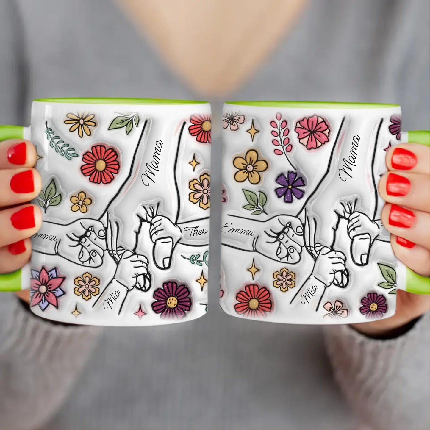 Personalisierte Tasse - Mama-Hand mit 1-6 Kinder-Händen im 3D Look