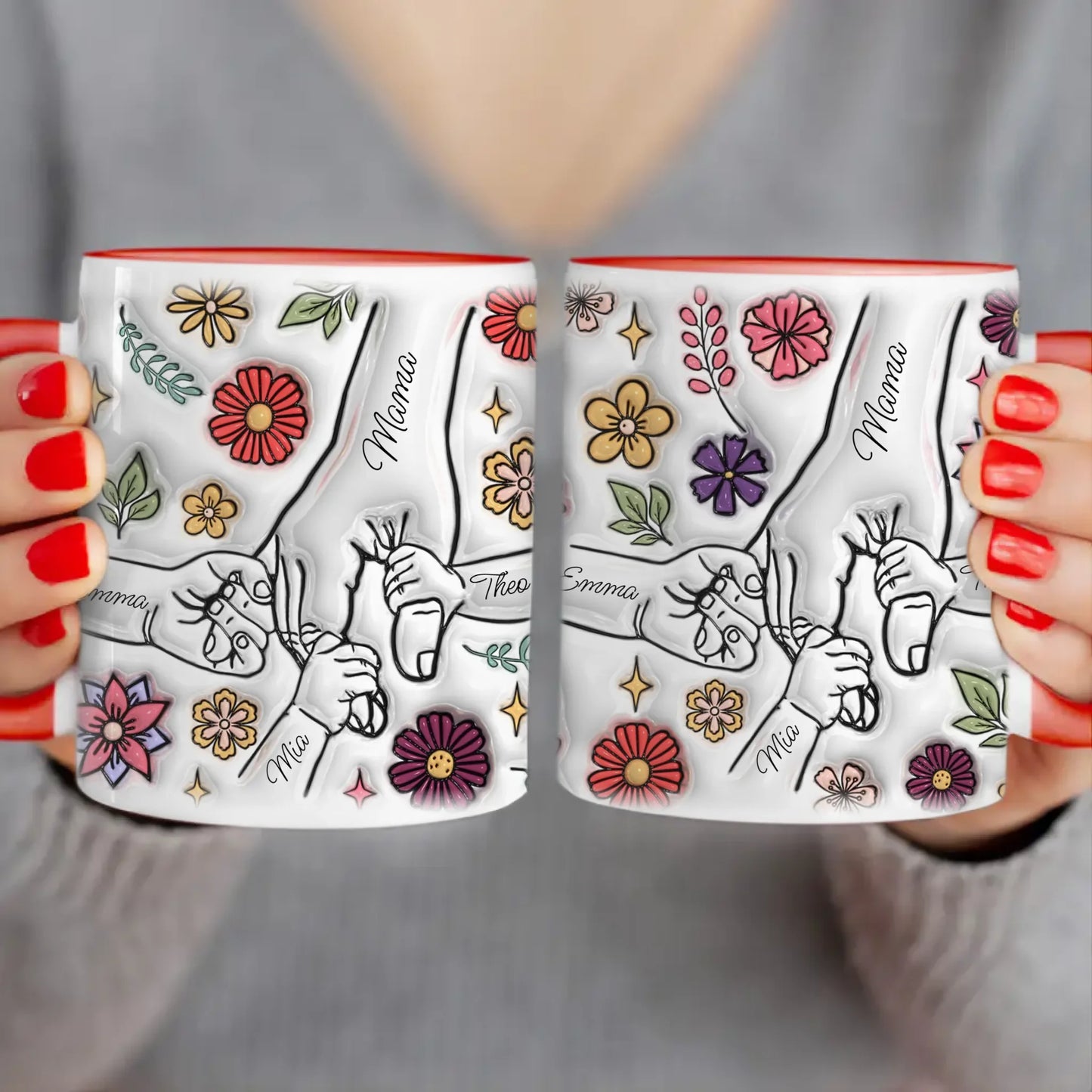 Personalisierte Tasse - Mama-Hand mit 1-6 Kinder-Händen im 3D Look