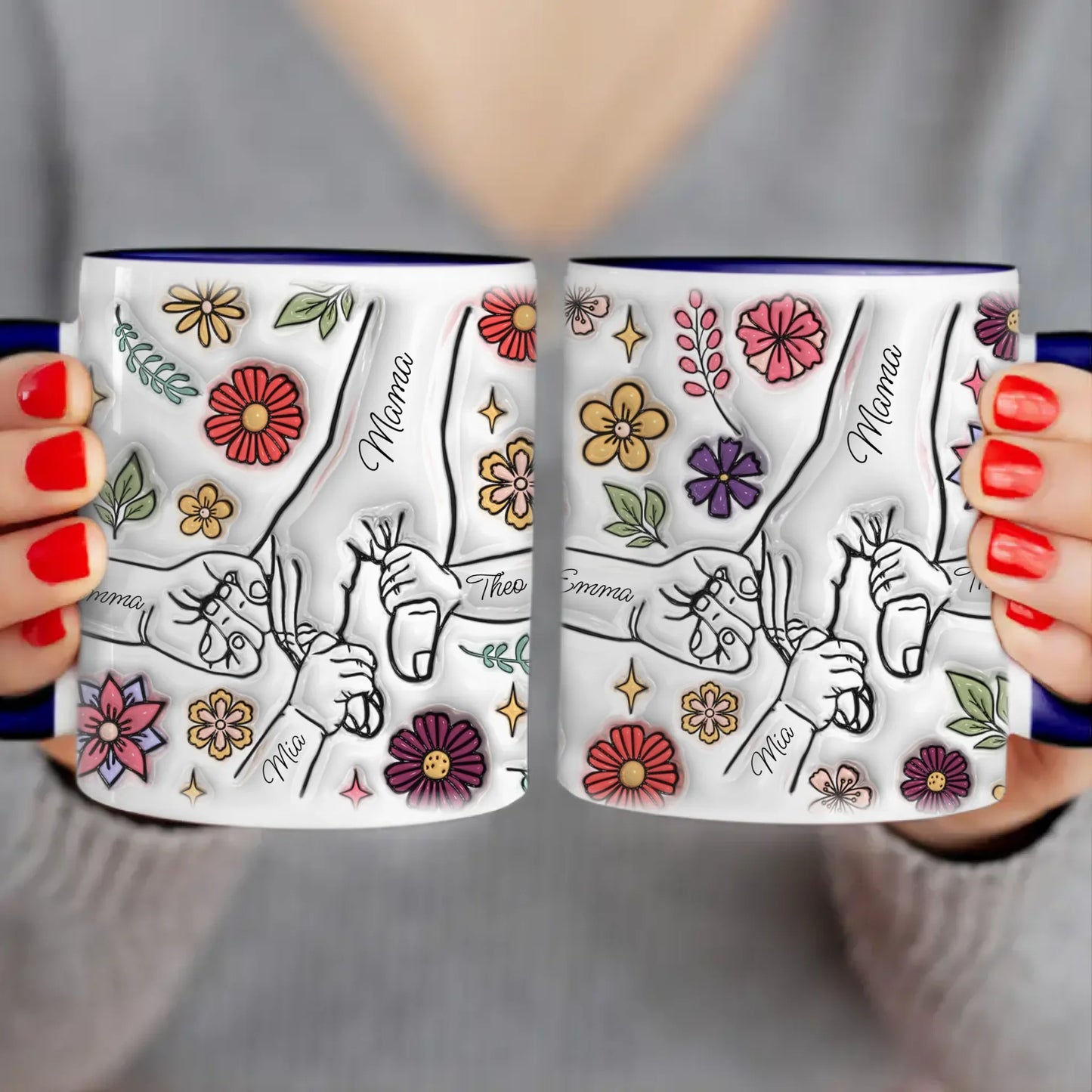 Personalisierte Tasse - Mama-Hand mit 1-6 Kinder-Händen im 3D Look