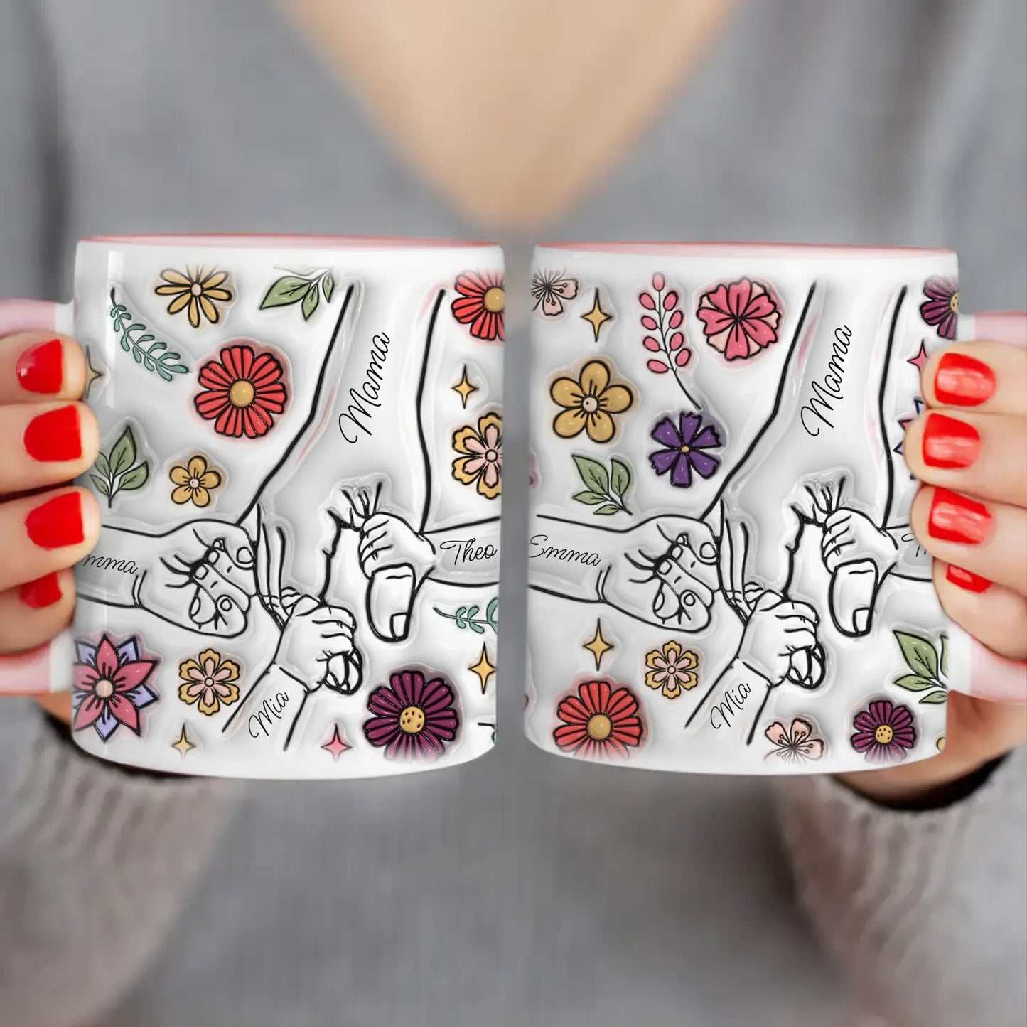 Personalisierte Tasse - Mama-Hand mit 1-6 Kinder-Händen im 3D Look