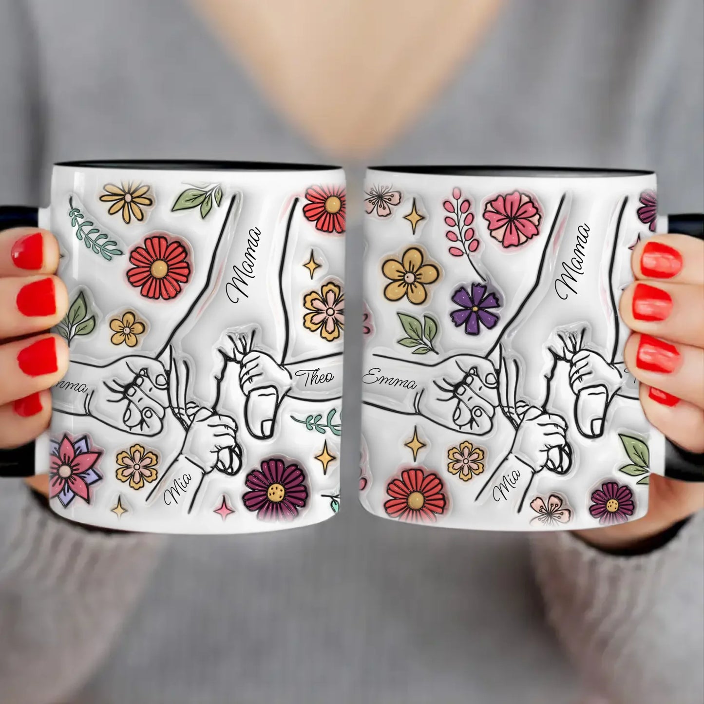 Personalisierte Tasse - Mama-Hand mit 1-6 Kinder-Händen im 3D Look