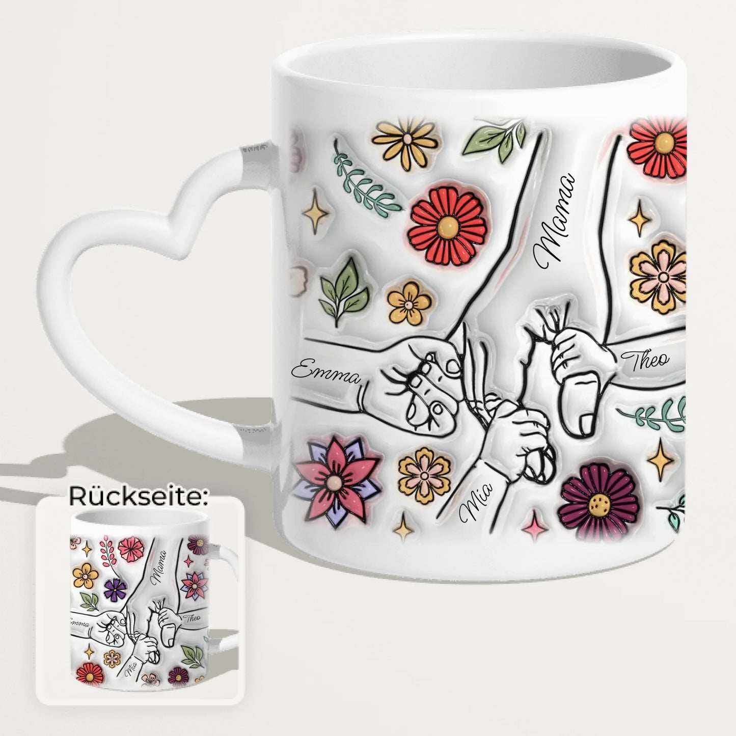 Personalisierte Tasse - Mama-Hand mit 1-6 Kinder-Händen im 3D Look