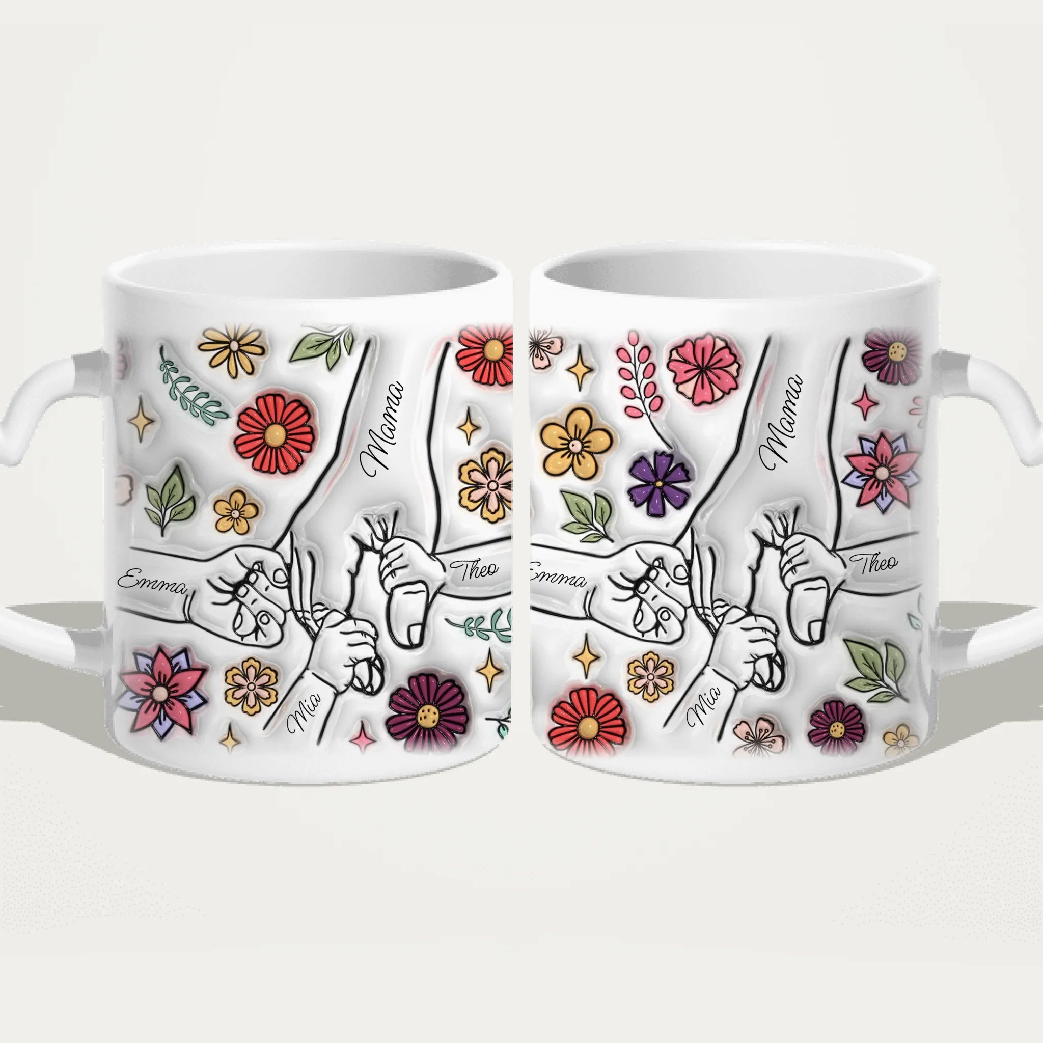Personalisierte Tasse - Mama-Hand mit 1-6 Kinder-Händen im 3D Look