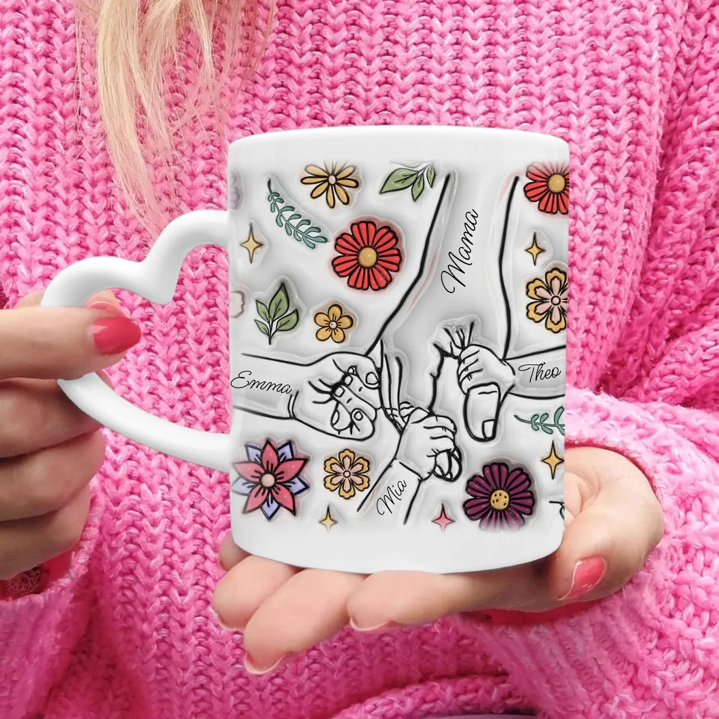 Personalisierte Tasse - Mama-Hand mit 1-6 Kinder-Händen im 3D Look