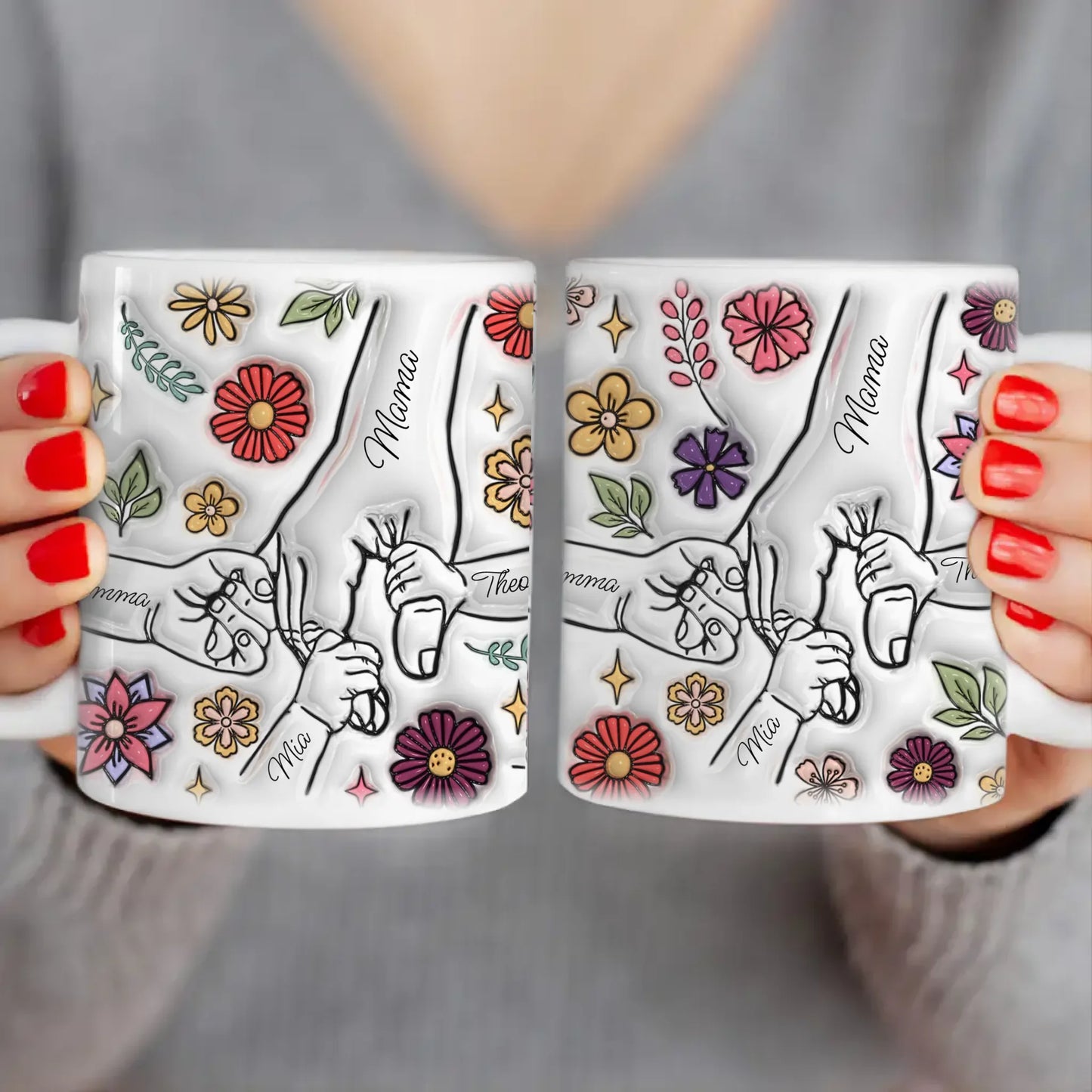 Personalisierte Tasse - Mama-Hand mit 1-6 Kinder-Händen im 3D Look