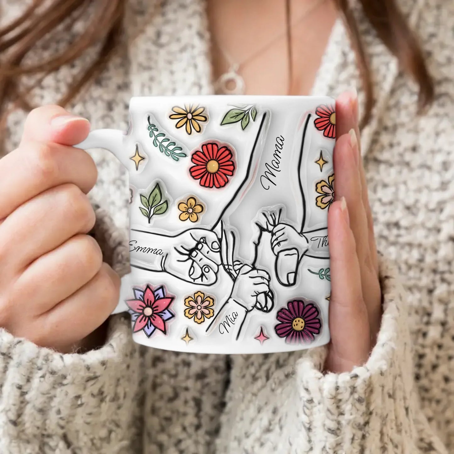 Personalisierte Tasse - Mama-Hand mit 1-6 Kinder-Händen im 3D Look