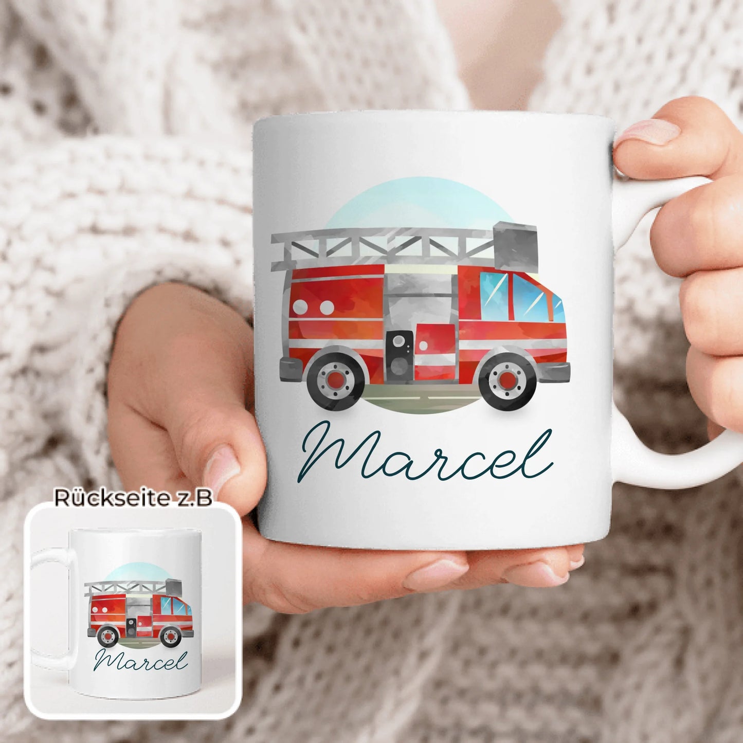 Personalisierte Kindertasse mit Feuerwehrauto und Namen