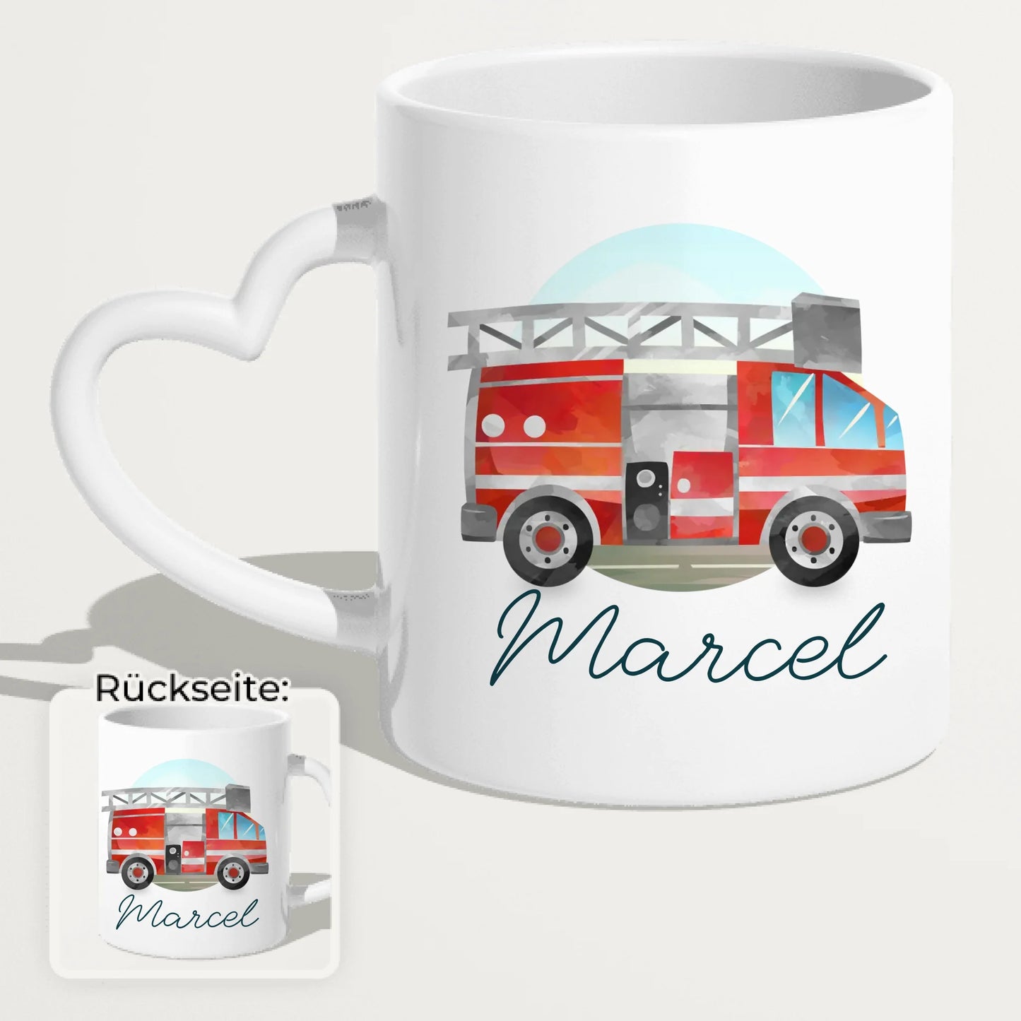 Personalisierte Kindertasse mit Feuerwehrauto und Namen