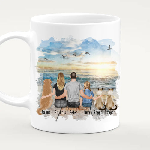 Personalisierte Tasse mit Familie + 1 Hund + 2 Katzen (1 Kind)