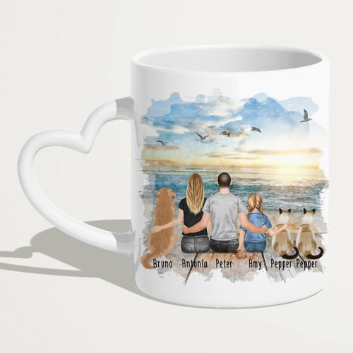 Personalisierte Tasse mit Familie + 1 Hund + 2 Katzen (1 Kind)