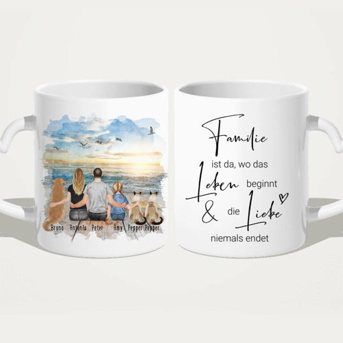 Personalisierte Tasse mit Familie + 1 Hund + 2 Katzen (1 Kind)