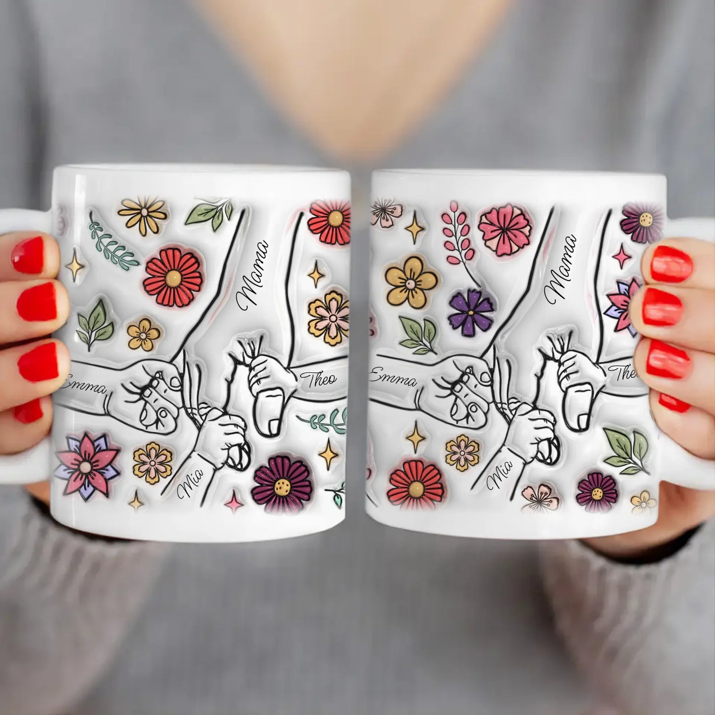 Personalisierte Tasse - Mama-Hand mit 1-6 Kinder-Händen im 3D Look