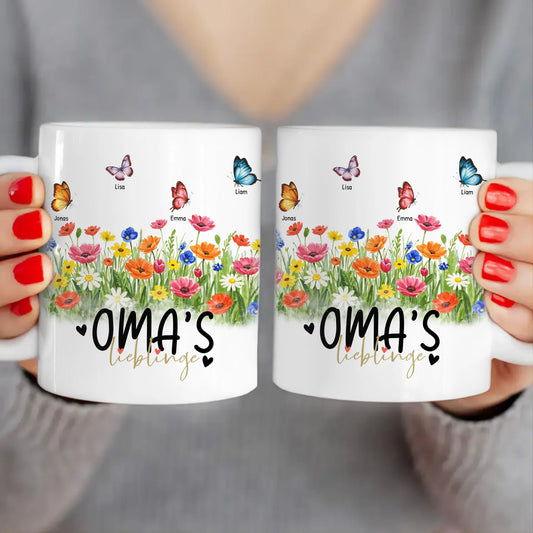 Personalisierte Tasse  - Oma's Garten mit 1-10 Schmetterlingen