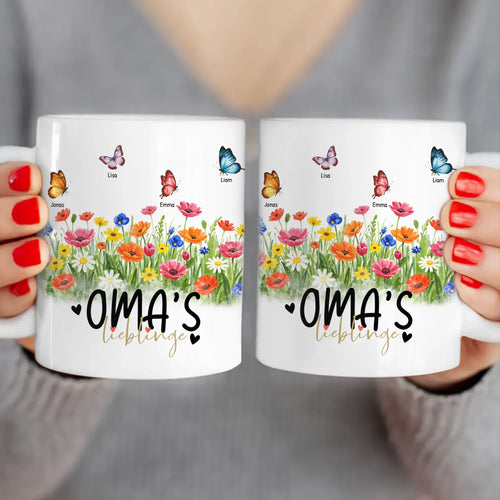 Personalisierte Tasse  - Oma's Garten mit 1-10 Schmetterlingen