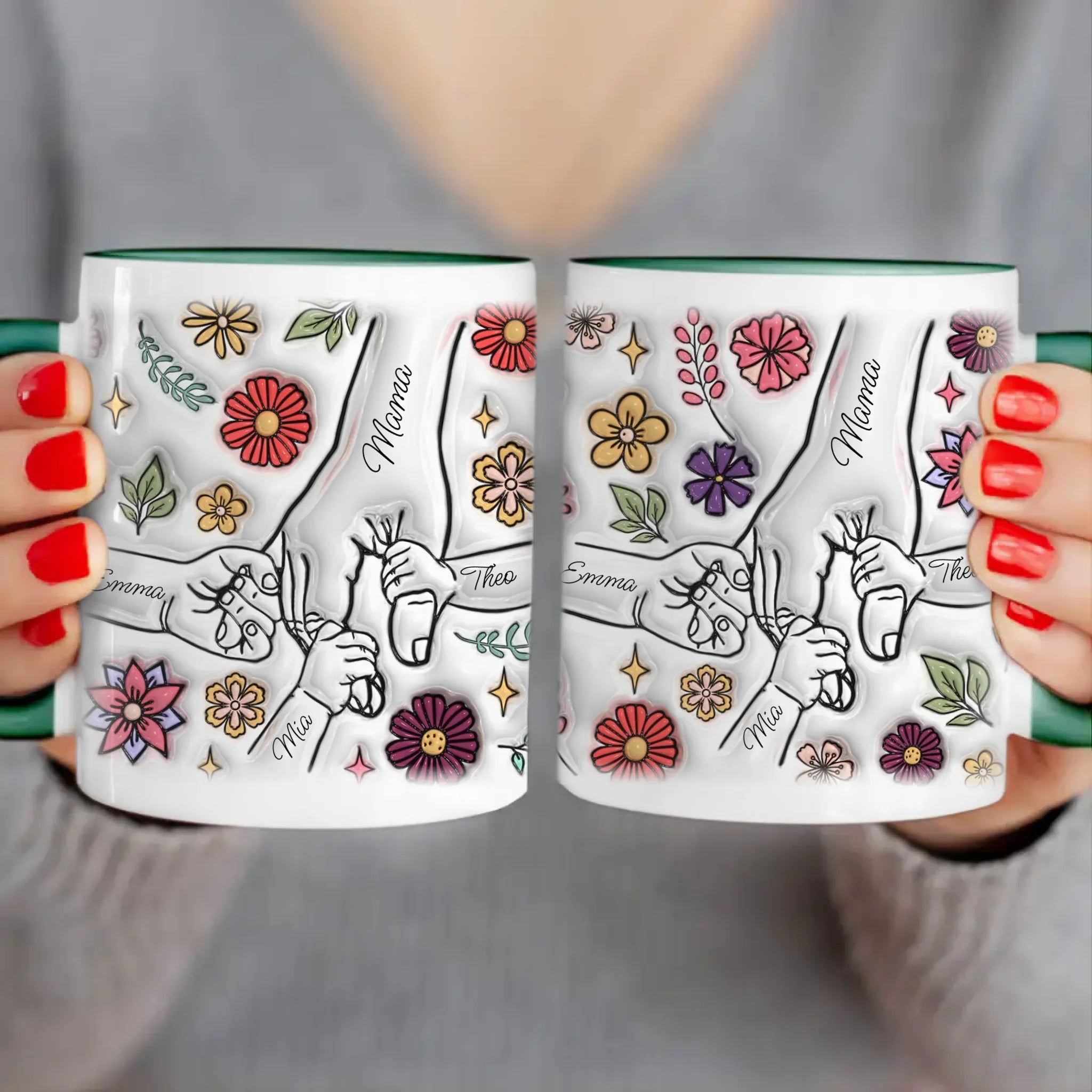 Personalisierte Tasse - Mama-Hand mit 1-6 Kinder-Händen im 3D Look