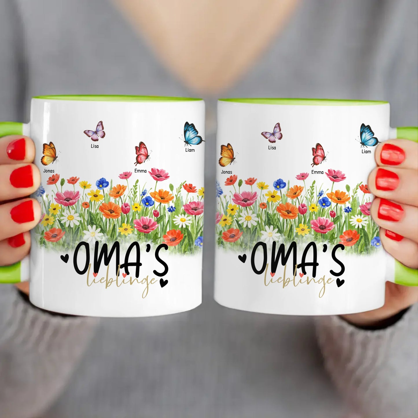 Personalisierte Tasse  - Oma's Garten mit 1-10 Schmetterlingen