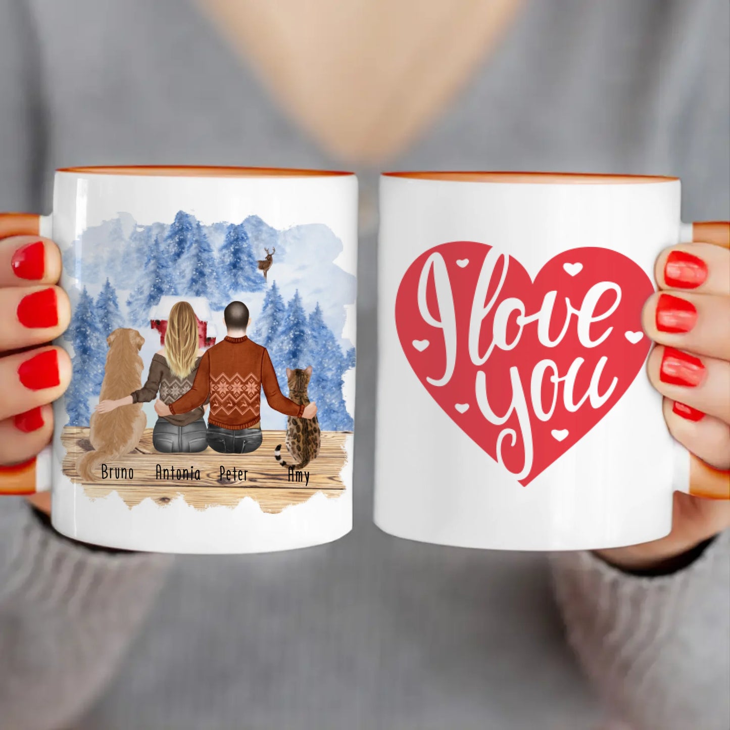 Personalisierte Tasse mit Pärchen und 1 Hund und 1 Katze - Weihnachtstasse