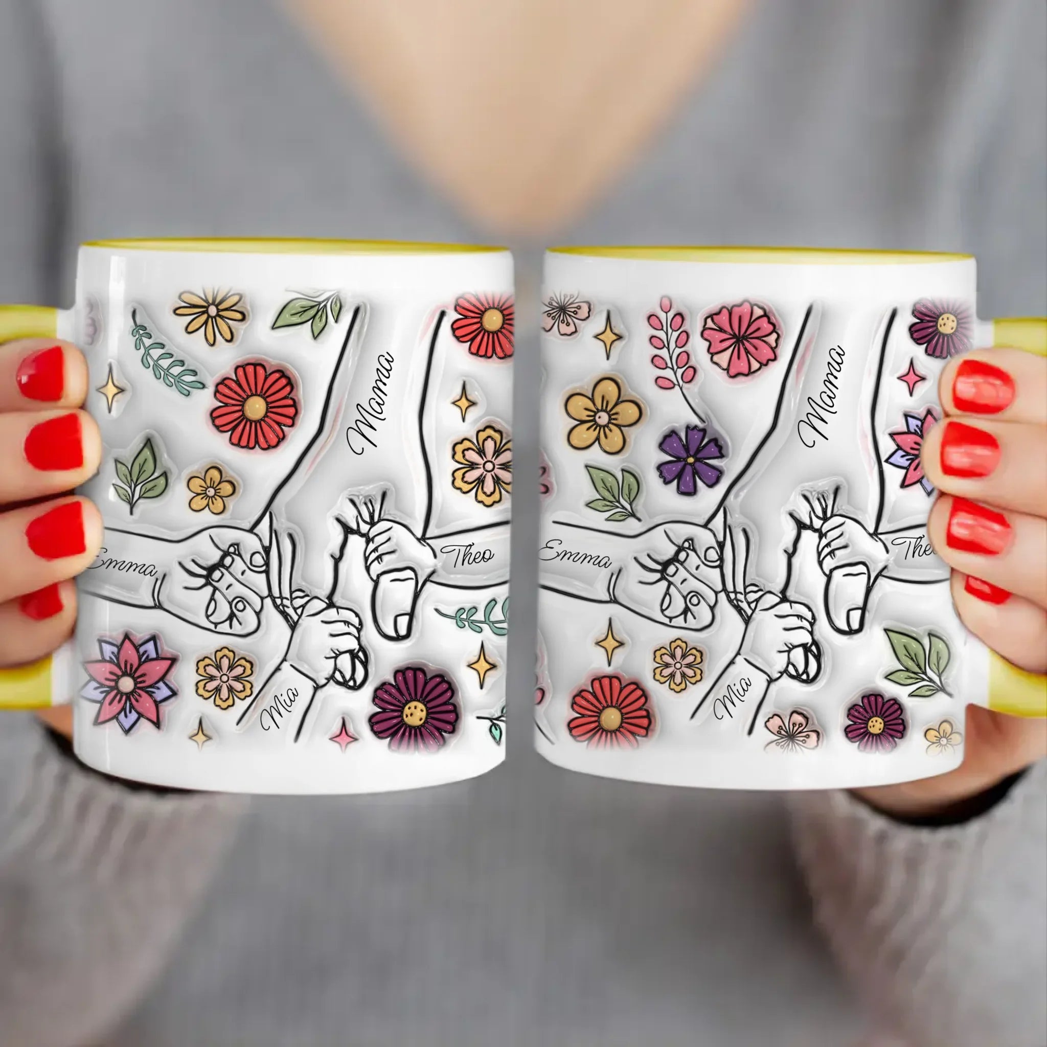 Personalisierte Tasse - Mama-Hand mit 1-6 Kinder-Händen im 3D Look