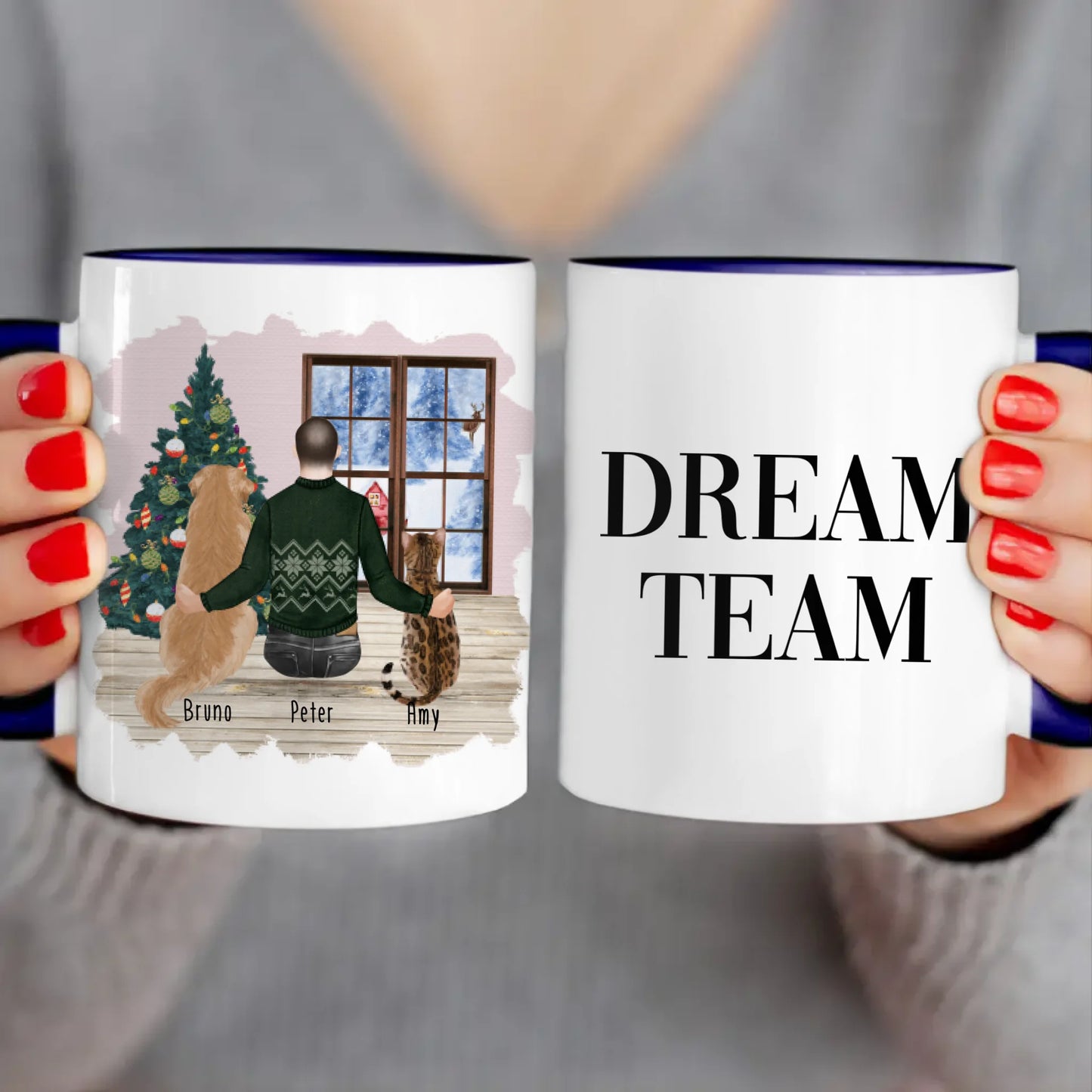 Personalisierte Tasse mit Hund, Katze und Mann (1 Hund + 1 Katze + 1 Mann) - Weihnachtstasse