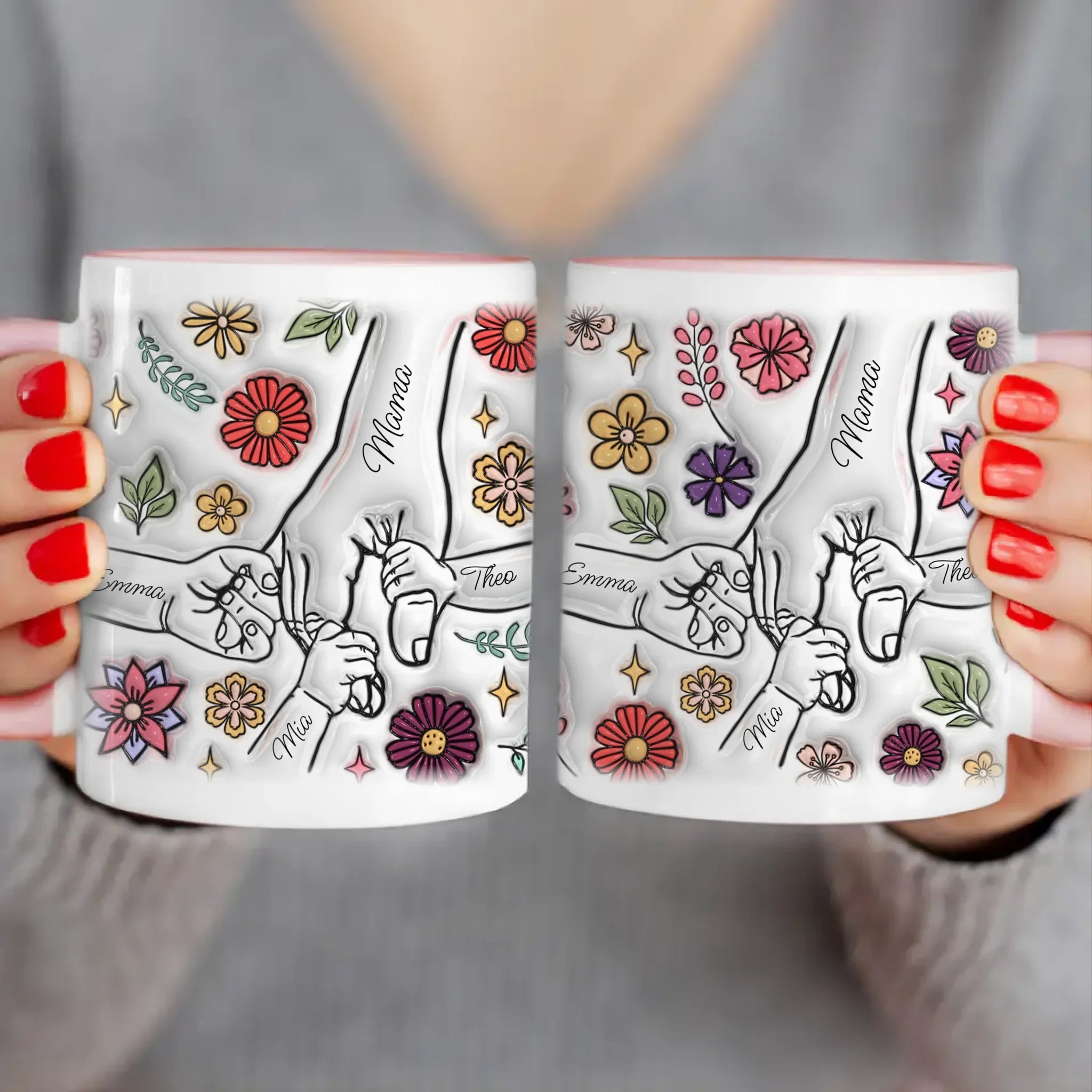 Personalisierte Tasse - Mama-Hand mit 1-6 Kinder-Händen im 3D Look