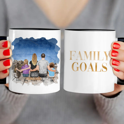 Personalisierte Tasse mit Familie + 1 Katze (1 Baby + 1 Kind)