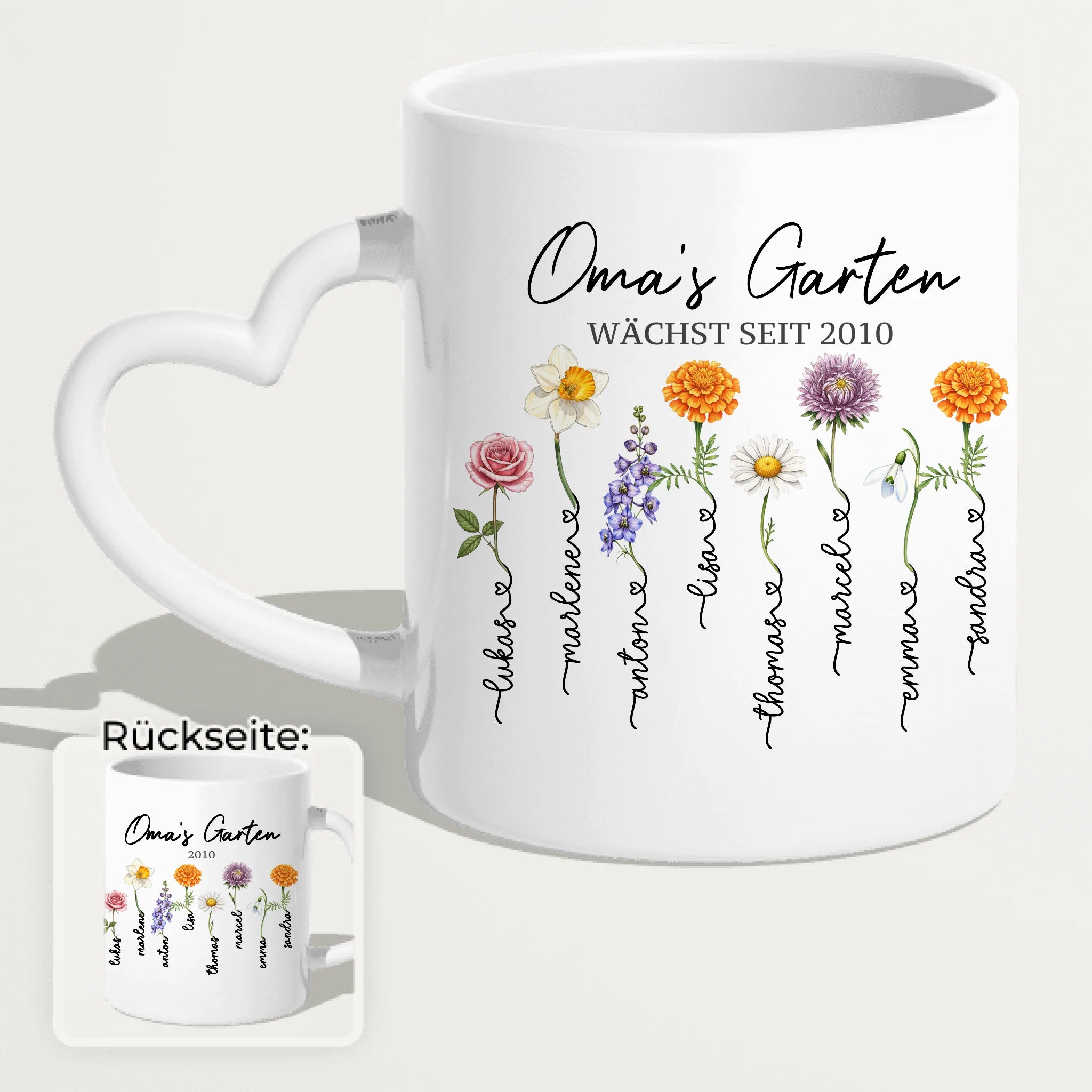 Personalisierte Tasse - Omas Garten mit 1-8 Blumen/Namen