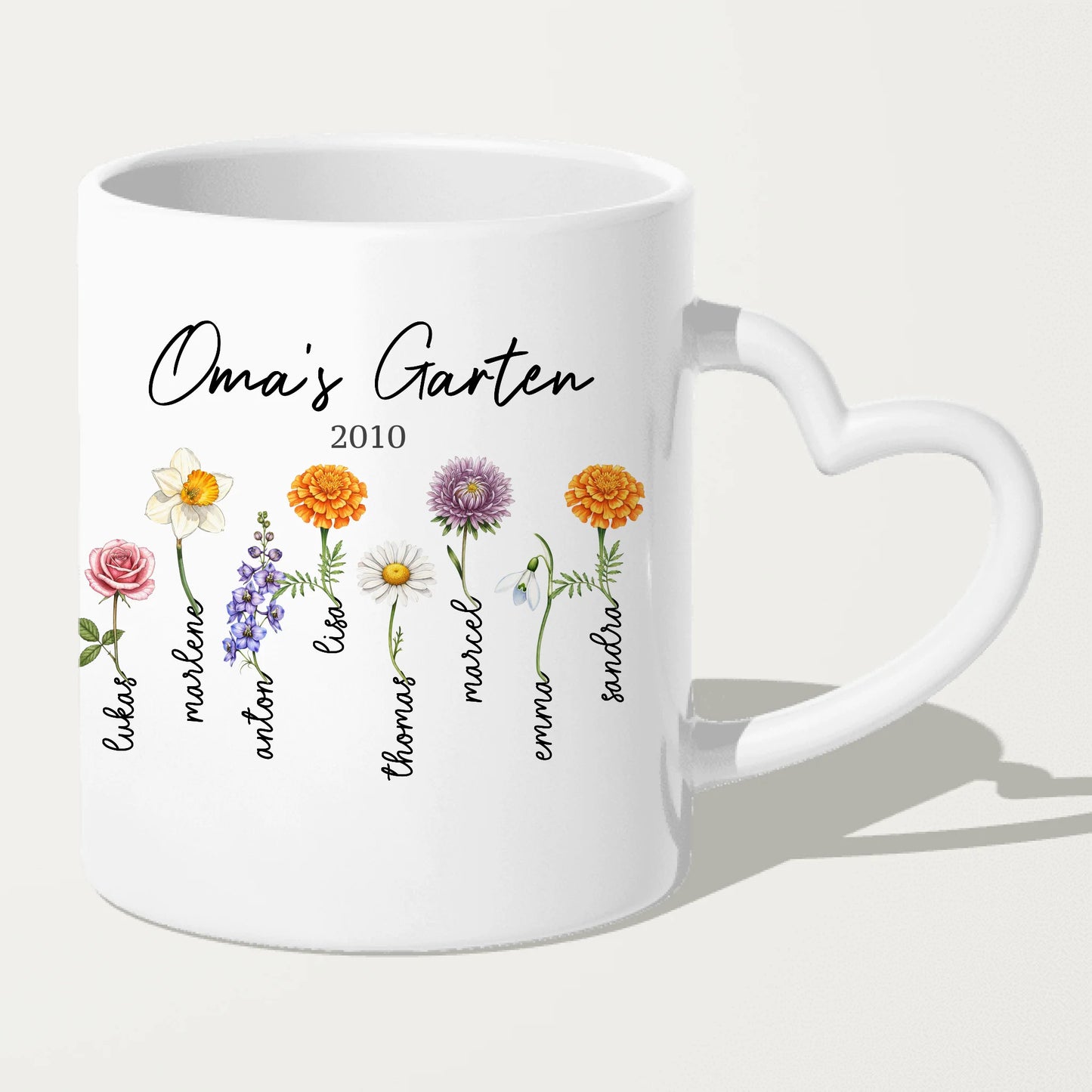 Personalisierte Tasse - Omas Garten mit 1-8 Blumen/Namen