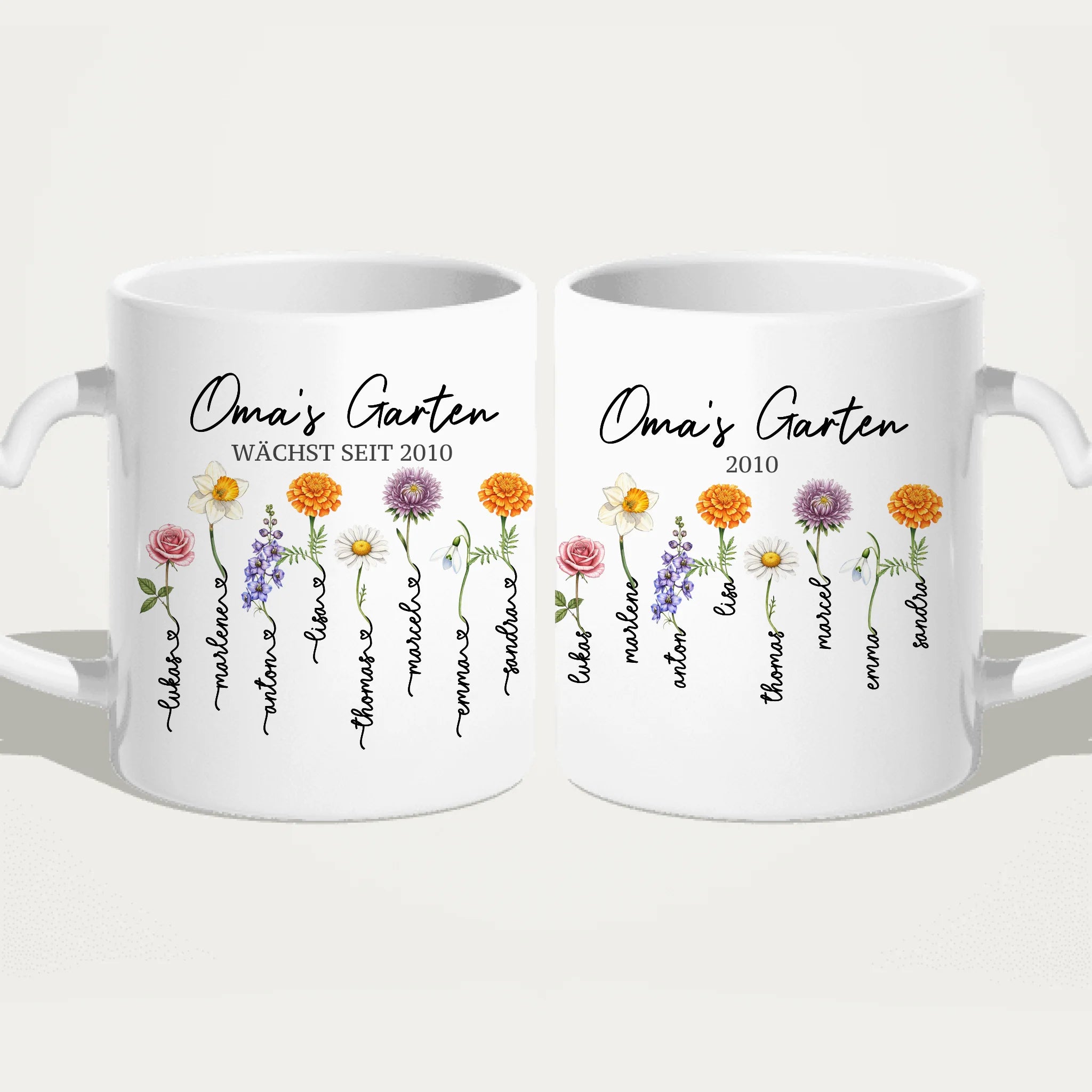 Personalisierte Tasse - Omas Garten mit 1-8 Blumen/Namen