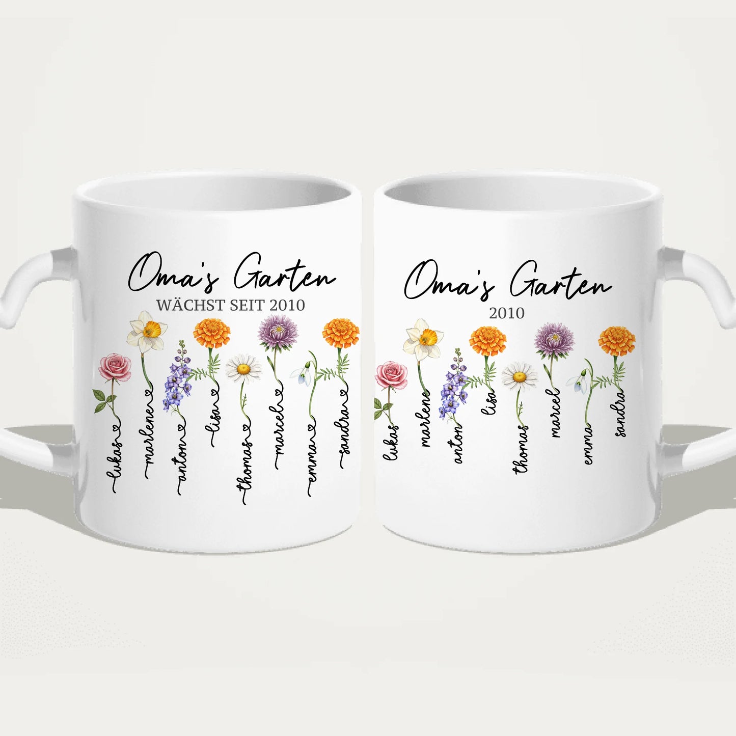 Personalisierte Tasse - Omas Garten mit 1-8 Blumen/Namen