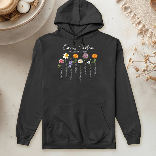 Personalisierter Hoodie - Omas Garten mit 1-8 Blumen/Namen